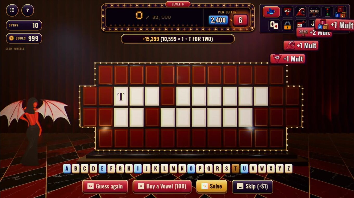 A Level 6 board mid-run, with item pop-ups stacking +1 and +2 Mult up the right-hand side as the build fires