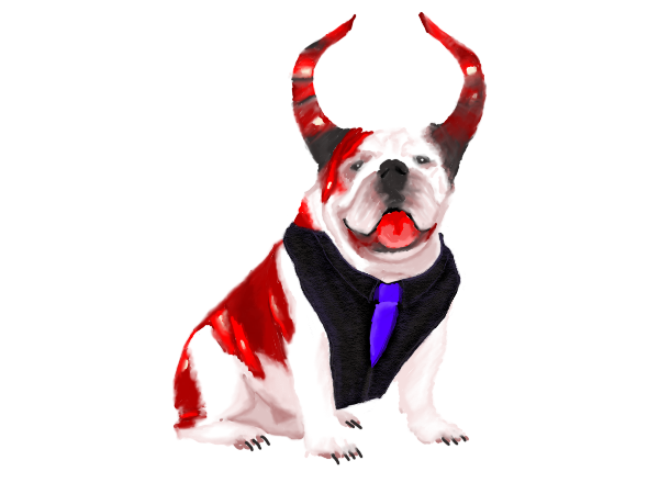 Wheel of Misfortune shopkeeper hellhound in a waistcoat and tie