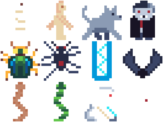 The standard enemies across four biomes&ndash;horizontal patrollers on top, vertical in the middle, chasers on the bottom